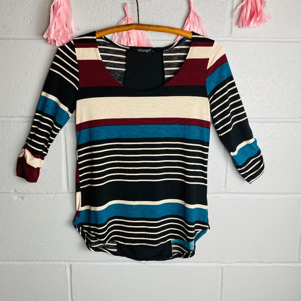Black+Colorful Stripe Scoop Neck 3/4 Sleeve Top | Julie’s Closet